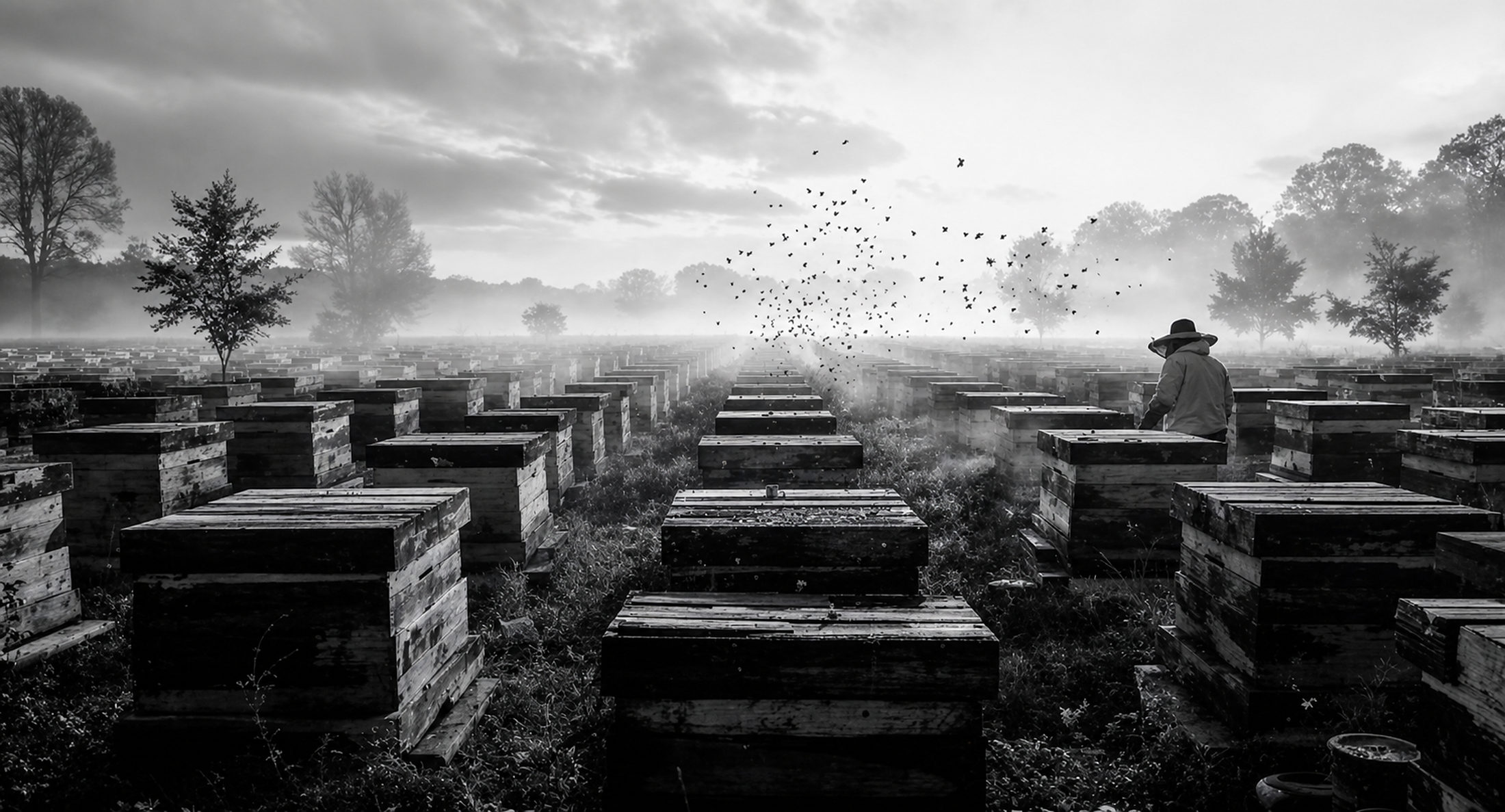 Rows of hives in dawn mist, a beekeeper at the far right, a swarm rising above the aisle